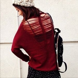 LF Kiwi Tucker Sweater Distressed Open Back Red Burgundy